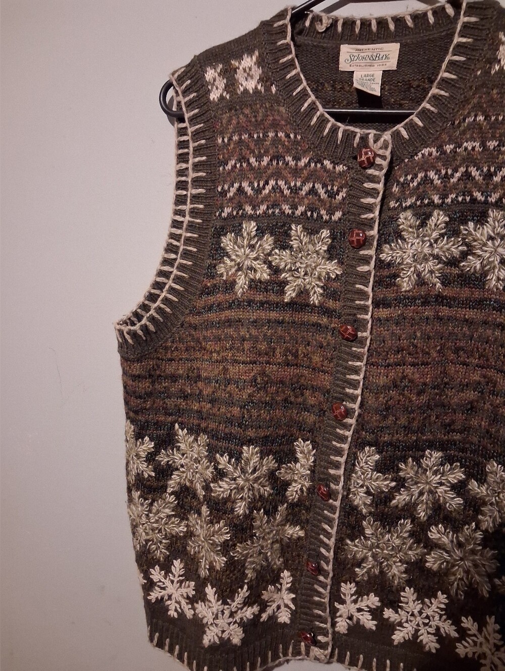 Vintage Fair Isle Sweater Vest L Christmas Teacher Granola Grandma Ramie Wool